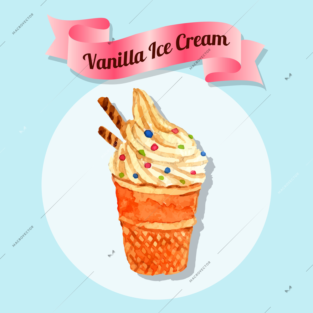 Delicious vanilla flavored whipped colorful sprinkled ice cream in waffle cone cup watercolor sketch abstract vector illustration