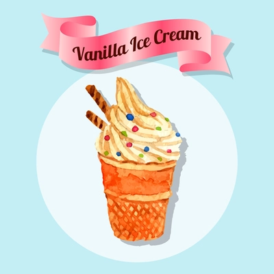 Delicious vanilla flavored whipped colorful sprinkled ice cream in waffle cone cup watercolor sketch abstract vector illustration