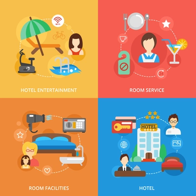 Hotel design concept set with entertainment room service facilities flat icons isolated vector illustration