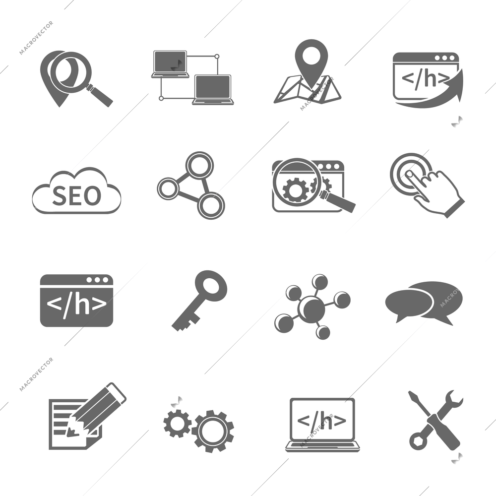 Seo marketing website optimization technology black icons set isolated vector illustration