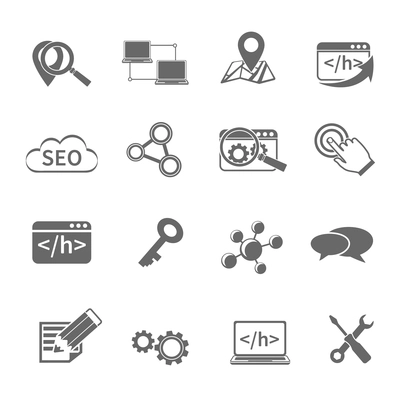 Seo marketing website optimization technology black icons set isolated vector illustration