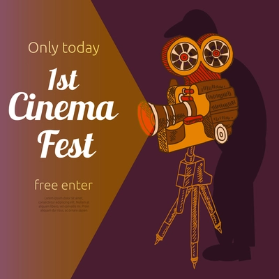 Vintage cinema 1st festival free entrance event billposter advertisement placard with old projector pictogram abstract vector illustration