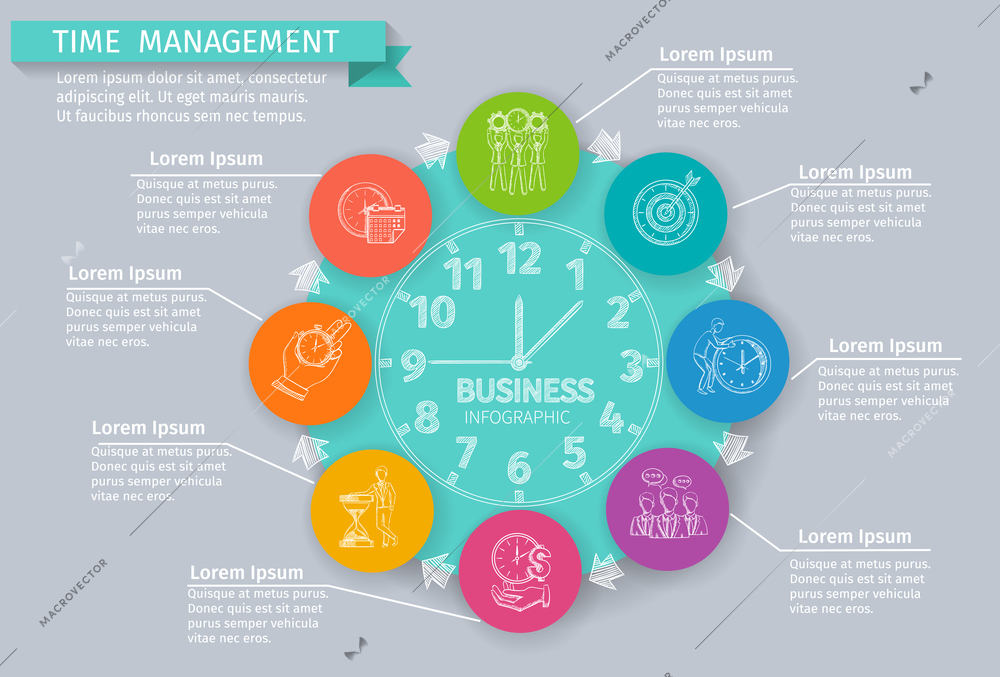 Time management infographics set with sketch business symbols vector illustration