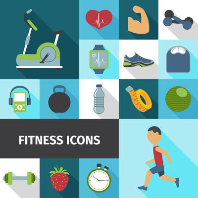 Fitness health life style activities and accessories flat icons set with stationary bicycle abstract isolated vector illustration