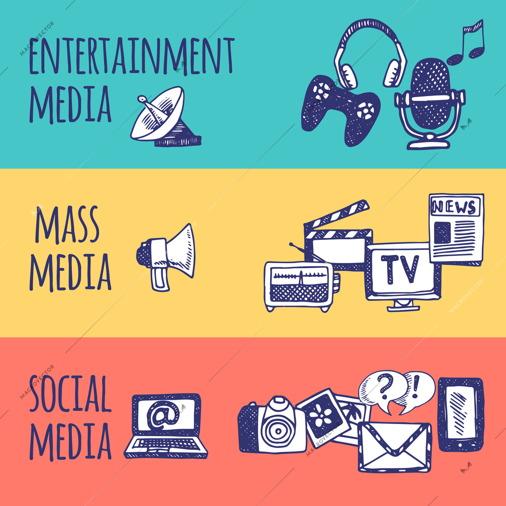 Mass social media entertainment horizontal hand drawn banner set isolated vector illustration