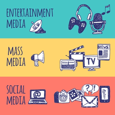 Mass social media entertainment horizontal hand drawn banner set isolated vector illustration