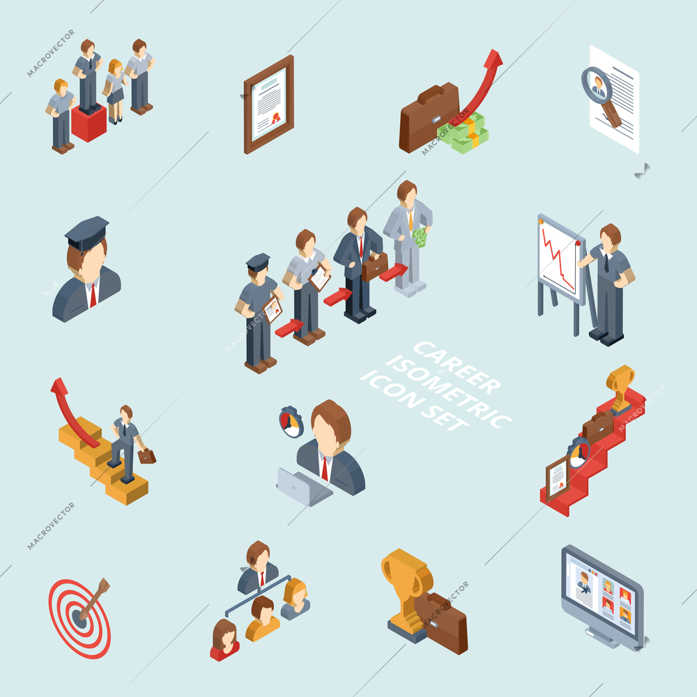 Career isometric set with 3d cv success stairway business briefcase isolated vector illustration