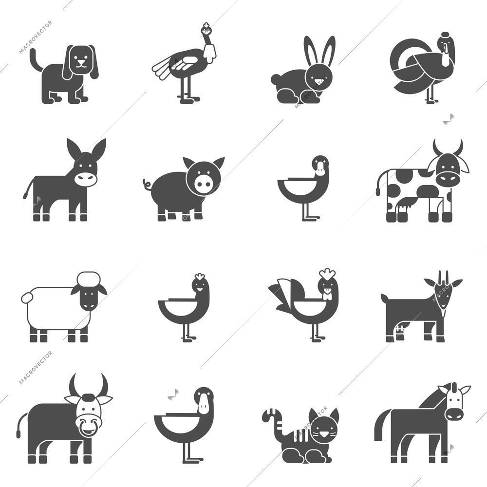 Domestic animals black icons set with cow goose pig goat isolated vector illustration