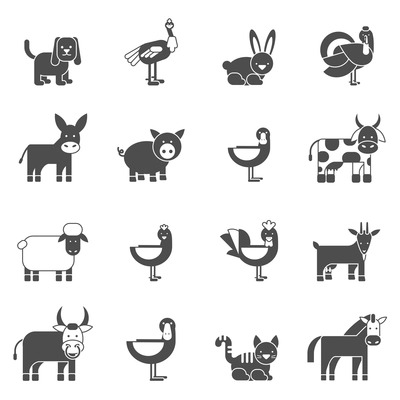 Domestic animals black icons set with cow goose pig goat isolated vector illustration