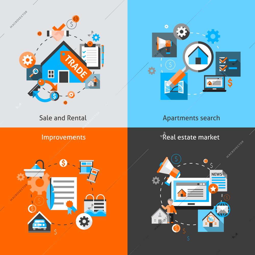 Real estate design concept set with sale and rental market apartment search improvements flat icons isolated vector illustration