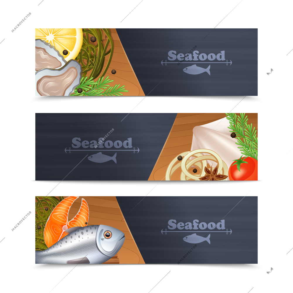 Seafood restaurant menu horizontal banner set with fish and spices isolated vector illustration