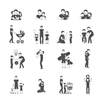 Fatherhood black icon set with happy family holidays symbols isolated vector illustration