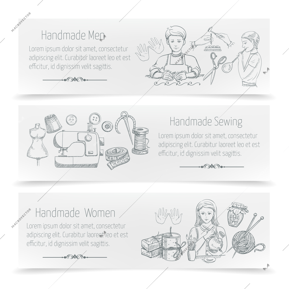 Handmade horizontal banner set with hand drawn sewing elements isolated vector illustration