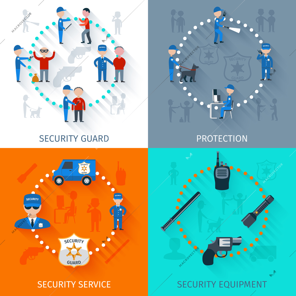 Security guard officer protective surveillance and equipment 4 flat icons square composition banner abstract isolated vector illustration