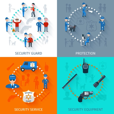 Security guard officer protective surveillance and equipment 4 flat icons square composition banner abstract isolated vector illustration