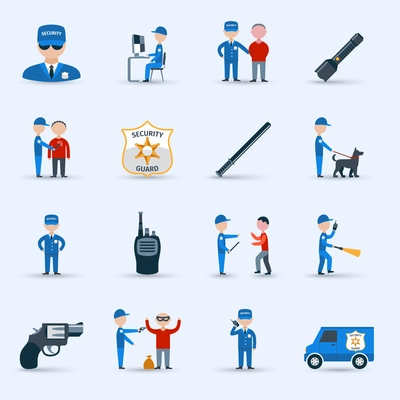 Security guard officer service cartoon character icons set with patrolling and detention duties  abstract isolated vector illustration