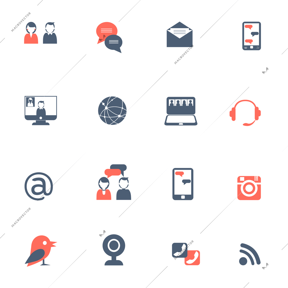 Social network and online communication with laptops and smartphones black red icons set flat isolated vector illustration