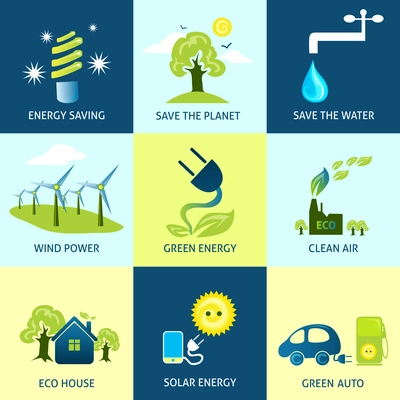 Ecology concepts set with energy planet water saving icons isolated vector illustration