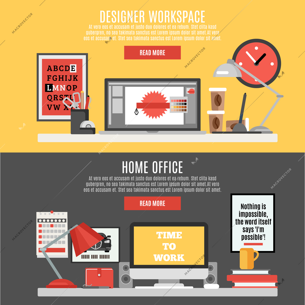 Designer workspace and home office horizontal banner set isolated vector illustration