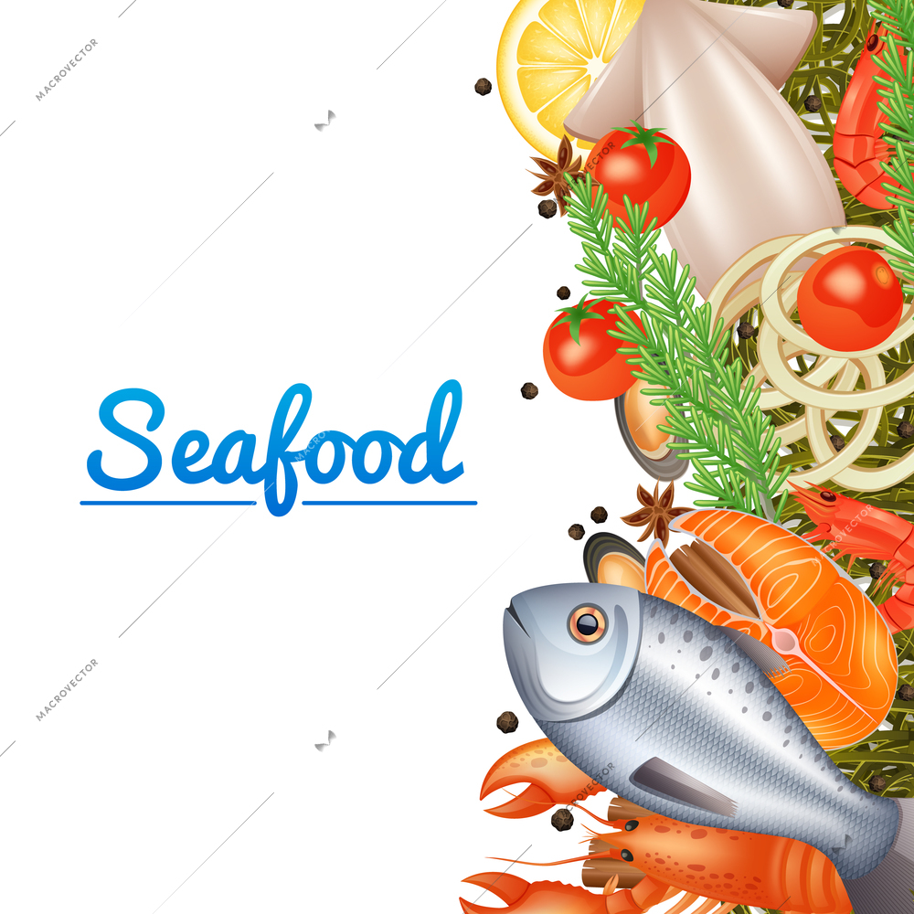 Seafood menu background with fish steak lobster and spices vector illustration