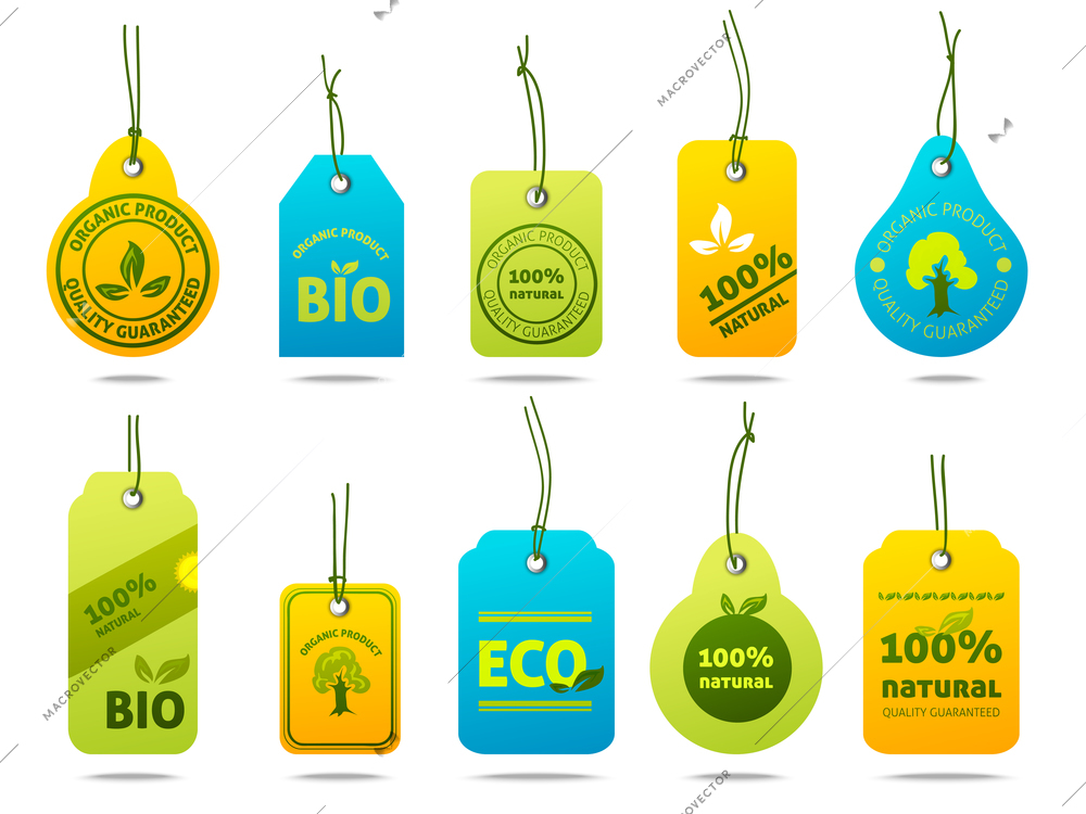 Ecology bio fuel natural organic products cardboard labels set with isolated vector illustration