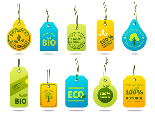 Ecology bio fuel natural organic products cardboard labels set with isolated vector illustration