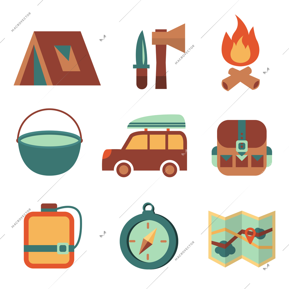 Outdoors tourism camping flat icons set of campfire tent backpack tools and map isolated vector illustration