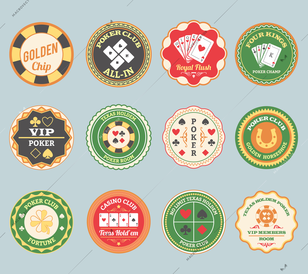 Casino online club traditional poker retro labels collection for members and international players  abstract isolated vector illustration