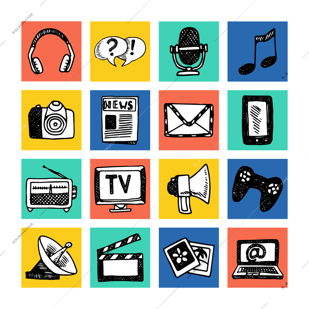 Media news information service broadcasting television icons set colored isolated vector illustration