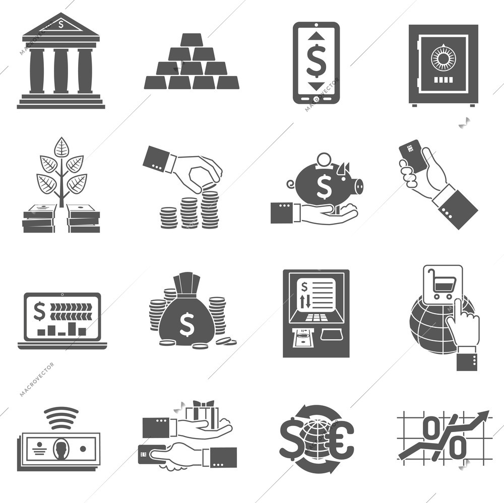 Banking finance and investment icon black set isolated vector illustration