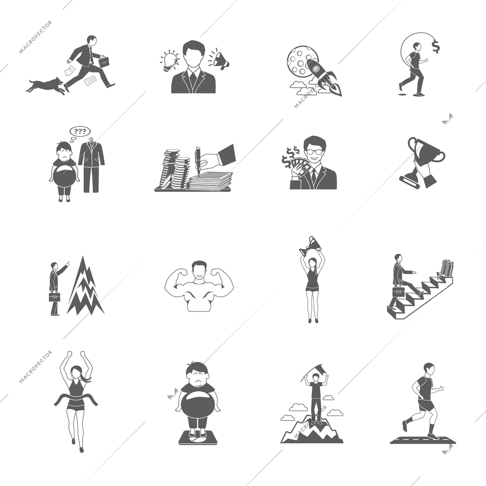 Motivation sport and business achievements black icons set isolated vector illustration