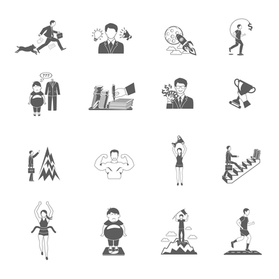 Motivation sport and business achievements black icons set isolated vector illustration