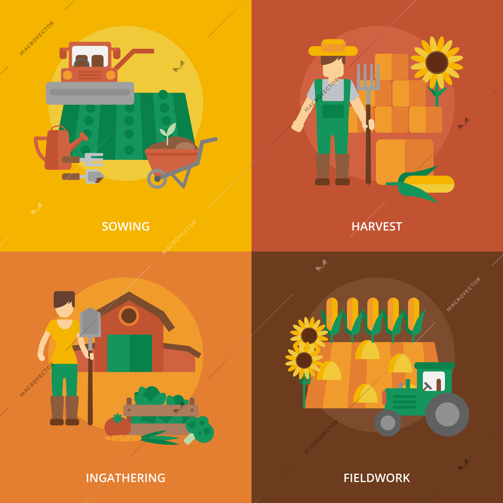 Farmer family business 4 flat icons composition of sowing fieldwork and harvesting flat  abstract isolated vector illustration