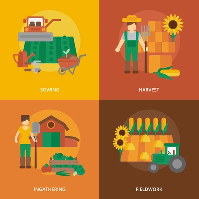 Farmer family business 4 flat icons composition of sowing fieldwork and harvesting flat  abstract isolated vector illustration