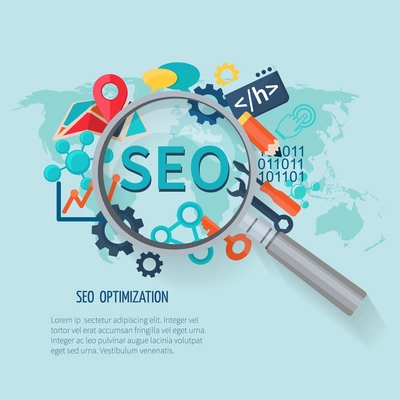 Seo marketing concept with research symbols world map and magnifier vector illustration