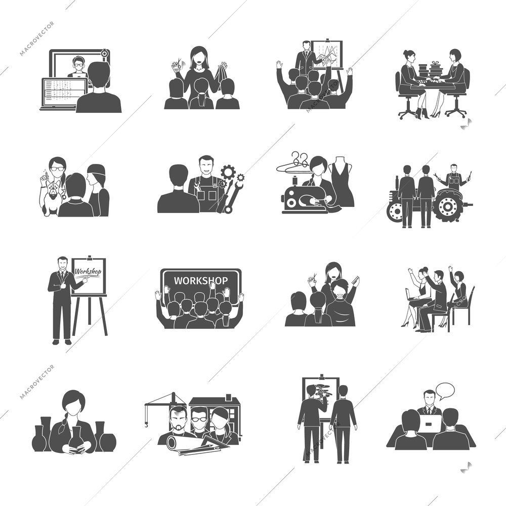 Workshop black icons set with interactive business meeting symbols isolated vector illustration