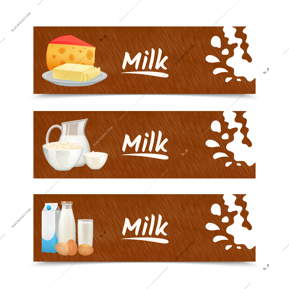 Milk products horizontal banners set with cheese butter sour cream isolated vector illustration