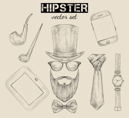Hand drawn hipster accessories set of hat glasses mustache beard bow and tie vector illustration