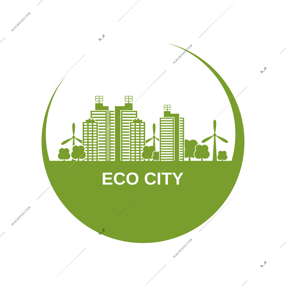 Eco city design with green buildings and windmills in circle shape vector illustration