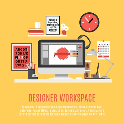 Designer home office workspace with desk computer and work tools flat vector illustration