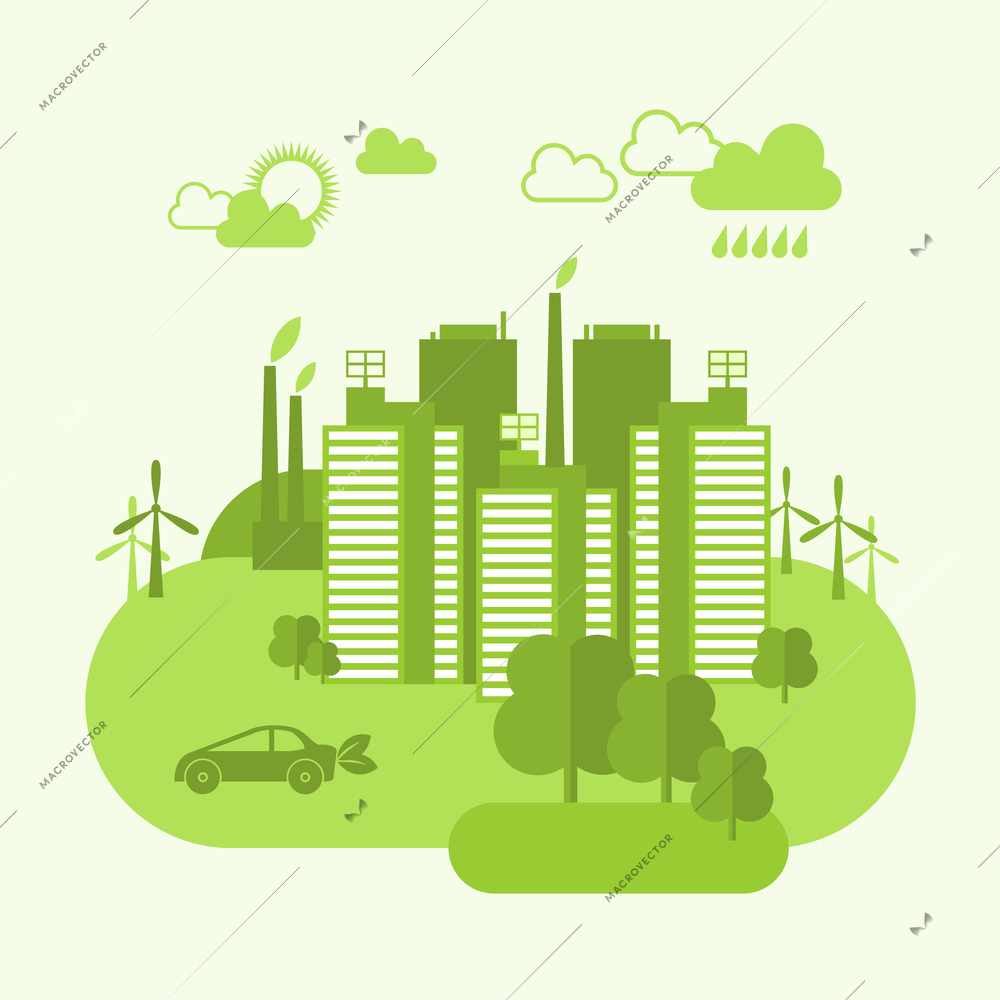 Green eco town concept with buildings and environment ecosystem vector illustration