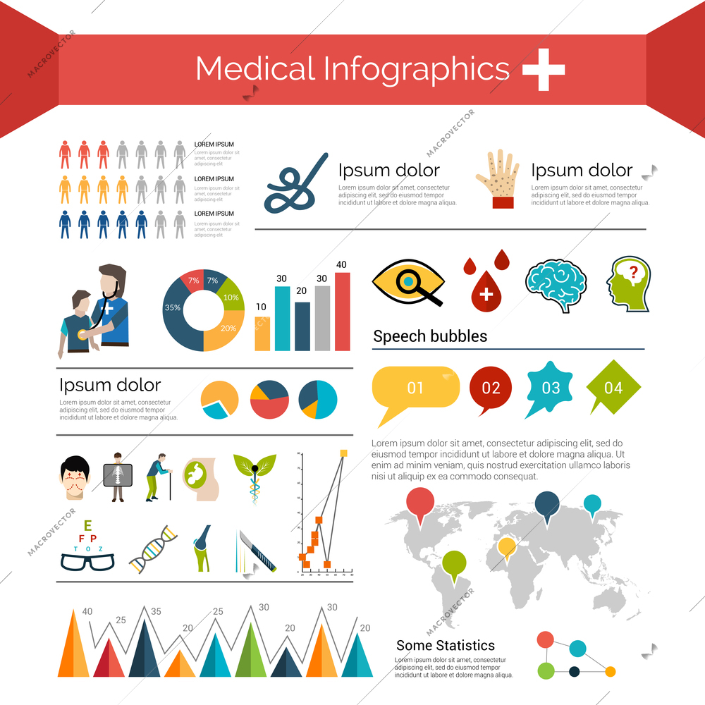 Medical infographics set with human anatomy healthcare symbols charts and world map vector illustration