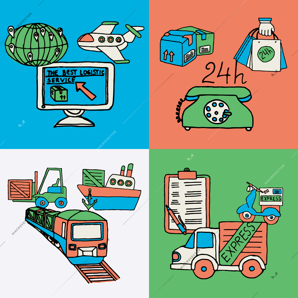 The best logistics computer coordinated 24h express worldwide service 4 flat icons composition abstract isolated vector illustration