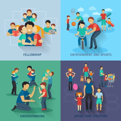 Fatherhood design concept set with fellowship sports and entertainment flat icons isolated vector illustration