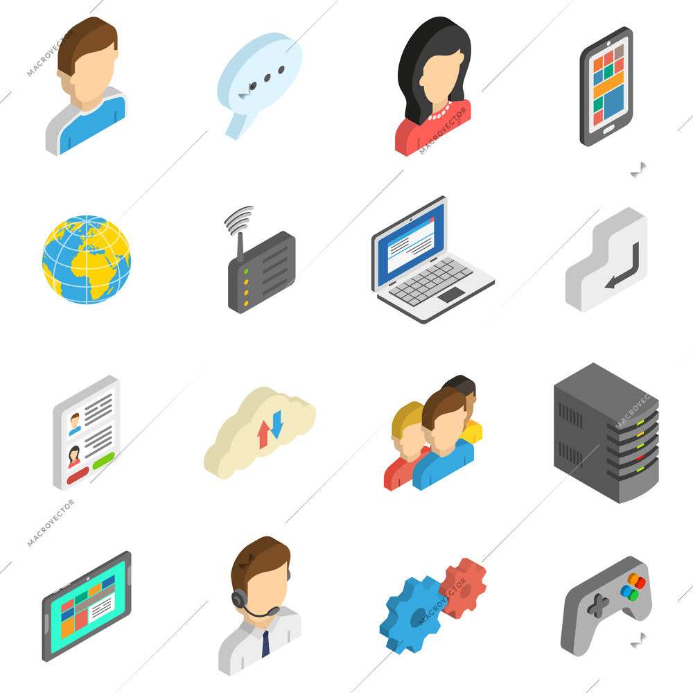 Internet isometric icon set with online chat web communication isolated vector illustration