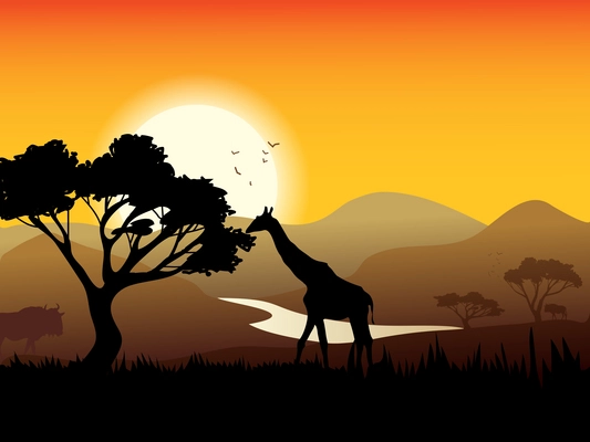 African landscape poster with acacia tree giraffe and sunset on background vector illustration