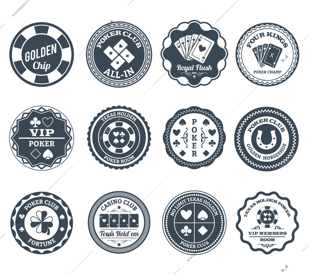 Casino gambling poker clubs golden chip and royal flush symbols black labels set abstract isolated vector illustration