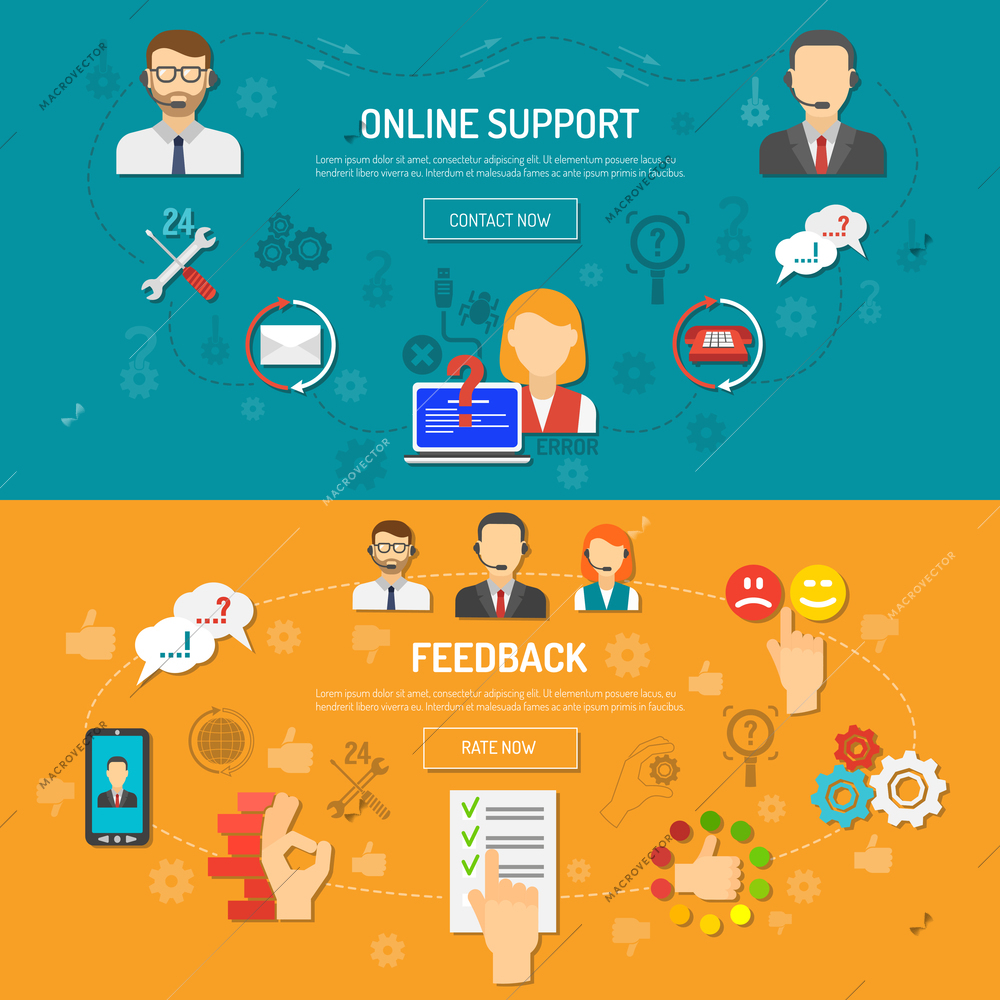 Support banner horizontal set with online feedback elements flat isolated vector illustration