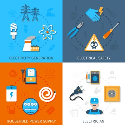 Electricity design concept set with generation electrical safety household power supply electrician flat icons isolated vector illustration