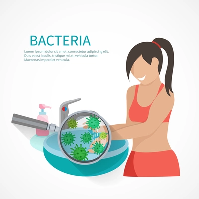 Hygiene concept with woman washing hands and bacteria icons flat vector illustration